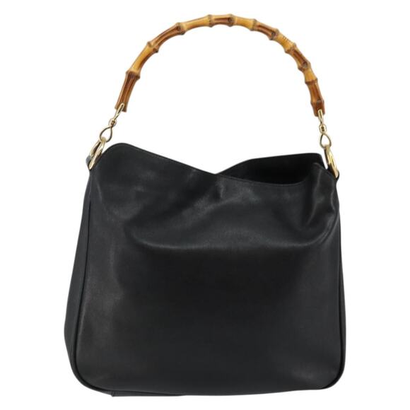 GUCCI Bamboo Hand Bag Leather Black Gold 001 3754 001 3754 - Picture 3 of 12